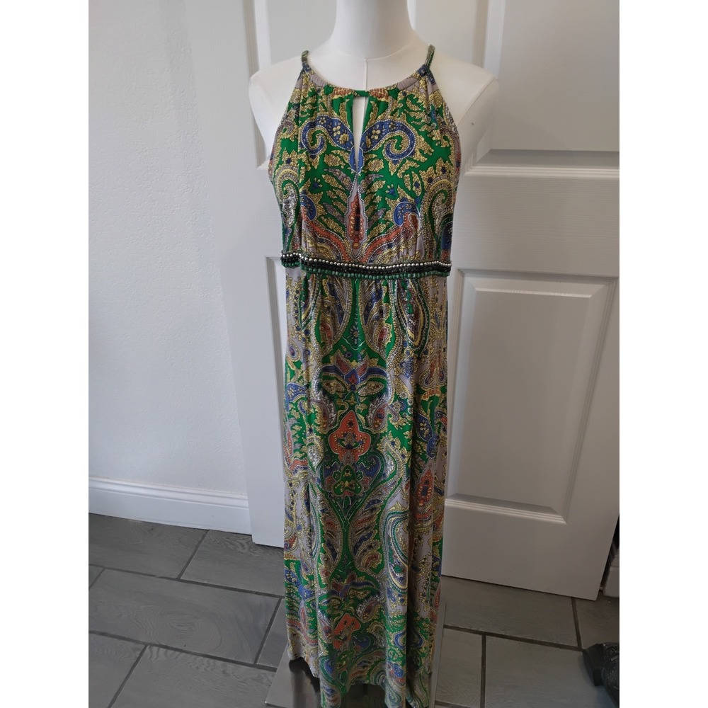 INC International Concepts Petite Green Paisley Halter Maxi Dress Medium PM